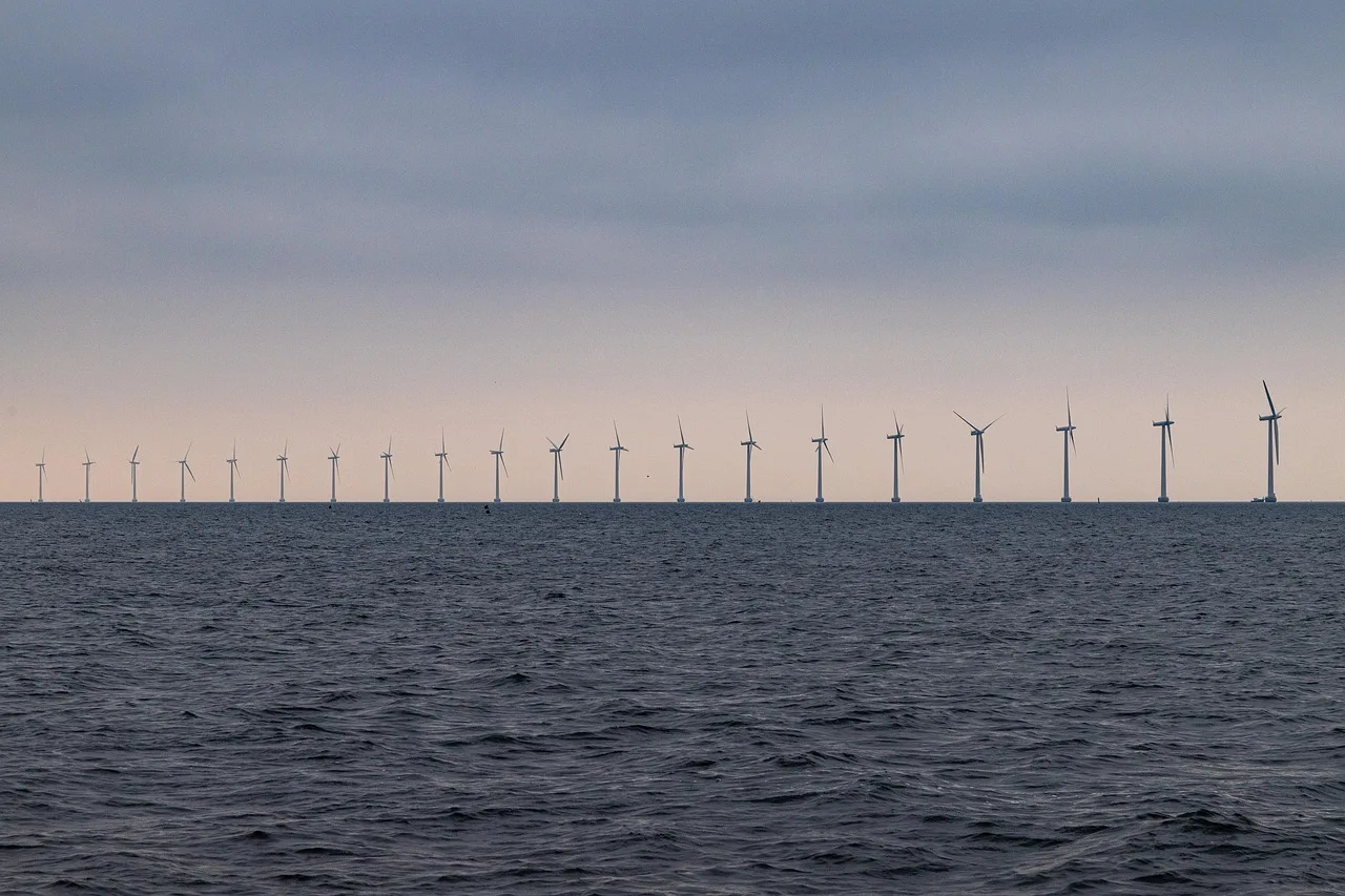 denmark, sea, wind power, pinwheels, energy, alternative energy, water, nature, coast, baltic sea, row, line, windmill, energy production
