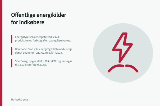 Offentlige energikilder for indkøbere: Energistyrelsens energistatistik 2024: produktion og forbrug af el, gas og fjernvarme.; Danmarks Statistik: energiregnskab med energi i dansk økonomi – 231 GJ/mio. kr. i 2024.; SparEnergi opgør el til 1,56 kr./kWh og naturgas til 12,03 kr./m³ (juni 2026). Offentlige energikilder for danske indkøbere: Energistyrelsens energistatistik og Danmarks Statistiks energiregnskab