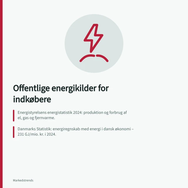 Offentlige energikilder for indkøbere: Energistyrelsens energistatistik 2024: produktion og forbrug af el, gas og fjernvarme.; Danmarks Statistik: energiregnskab med energi i dansk økonomi – 231 GJ/mio. kr. i 2024.; SparEnergi opgør el til 1,56 kr./kWh og naturgas til 12,03 kr./m³ (juni 2026). Offentlige energikilder for danske indkøbere: Energistyrelsens energistatistik og Danmarks Statistiks energiregnskab