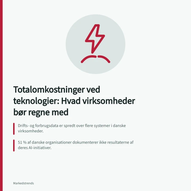 Totalomkostninger ved teknologier: Hvad virksomheder bør regne med: Drifts- og forbrugsdata er spredt over flere systemer i danske virksomheder.; 51 % af danske organisationer dokumenterer ikke resultaterne af deres AI-initiativer.; Grøn investering kan give 8 % ekstra afskrivning fra 2025 til 2026. Totalomkostninger ved nye teknologier: Hvilke poster bør danske virksomheder regne med?